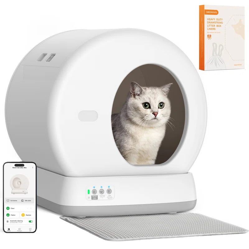Upgraded Smart Automatic Cat Litter Box with Mat & Liner for Multi Cats, Advanced Safety System/Self Cleaning/Odor Control/App Control